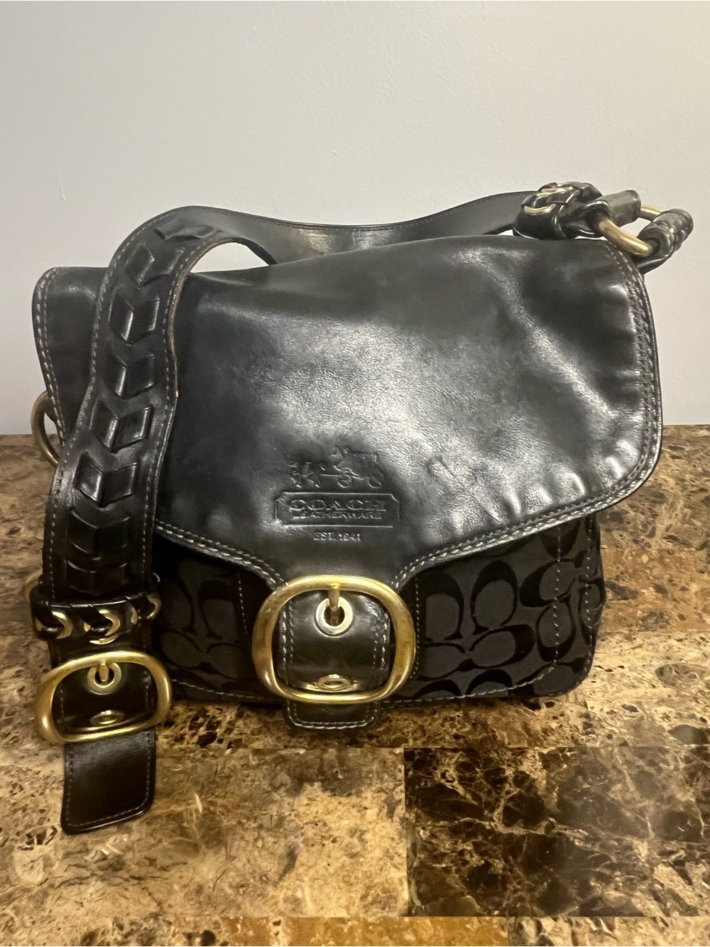 Coach Bleecker black leather signature canvas bag